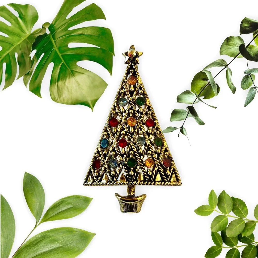 HOLLYCRAFT Vintage Christmas Tree Brooch Pin Multi-Color Rhinestones Signed
